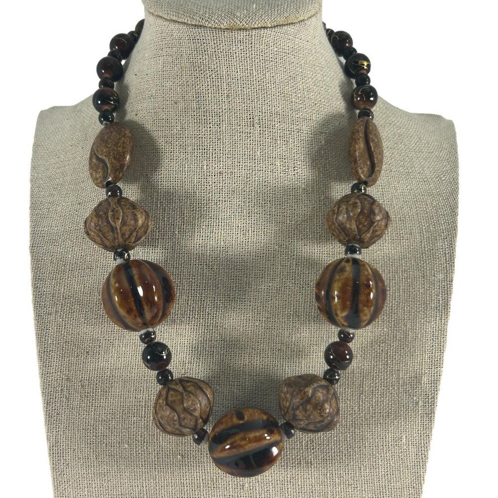 Esmor Beaded Necklace Brown Silver Tone Textured Graduated Ethnic 16-21"